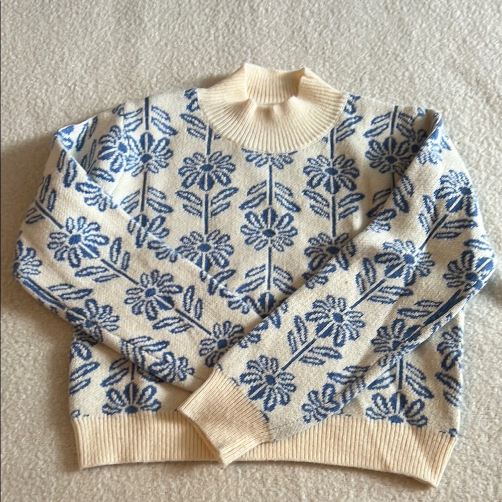 Blue and Cream Cowl Neck Sweater with Floral Pattern
